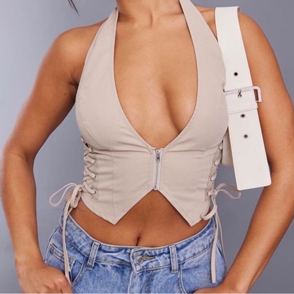 PrettyLittleThing Cream Top with Tie Front and Cut Out